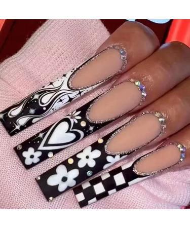 Magrace Long Square Press on Nails Fake Nails Black False Nails with Designs Rhinestone 24 pcs Stick on Nails for Women A-1