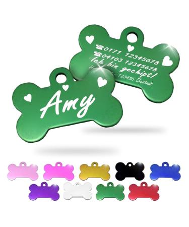 Ibera Gifts - personalized pendants for medium -sized to large dogs and cats in bone shape - engraving dog brand collar dog neck band Name personalized dog (green hearts) hearts green