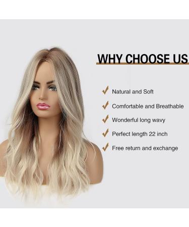 CHRSHN Platinum Blonde Ombre Long Wavy Synthetic Wig 22 Inches - Heat Resistant Fiber - Middle Part - Light Brown Mix - Buy Online on GoSupps.com