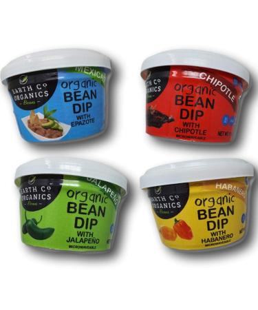 Earth Co Organics - Organic Pinto Bean Dip Combo 4 PACK (11oz each). Habanero, Chipotle, Jalapeno & Mexican Secret. Mexican Dips. Healthy and Vegan Dip For Chips. BPA FREE and Microwavable Packaging. Mix Bean Dip Pack of 4