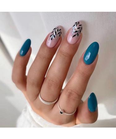 JUSTOTRY 24 Pcs Almond False Nails Short Navy Blue French Press on Nails Pattern Nude Fake Nails Short with Nail Glue Pastel Oval Stick on Nails for Women Nails Fake Nail for Nails Art NBF