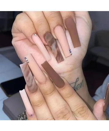 Nail Tips False Nails Tips Art Press on Nails Long Coffin False Nails with Glue Wearable Brown Fake Nails with Rhinestones Ballet Press on Nails Full Cover Nail Tips(39) - Buy Online on GoSupps.com