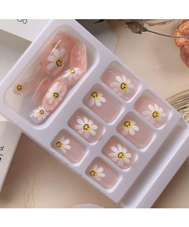 Flower Almond Short Press On Nails - 24PCS Nude Pink Full Cover False Nails with Glue - Summer Cute Designs for Women & Girls - Buy Online on GoSupps.com
