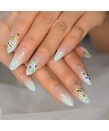 Ombre Almond Medium Fake Nails with Rings | Holo Glossy 3D Bling Press On Nails | Nude Light Green Gradient - 24pcs Kit - Buy Online on GoSupps.com