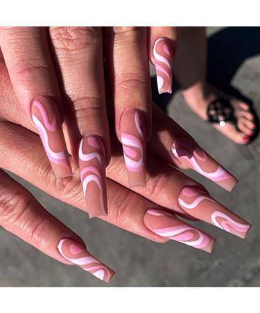 Brishow artificial nails long press on nails pink lines nails to stick on ballerina acrylic fake nails 24 pieces for women and girls