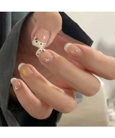 Cute False Nails French White Kitty Stick on Nails 24pcs Short Square Press On Nails with Glue Kitty Design Sweet Fake Nails for Kids Women Girls Maggidea Press On Nail (French Kitty) - Buy Online on GoSupps.com