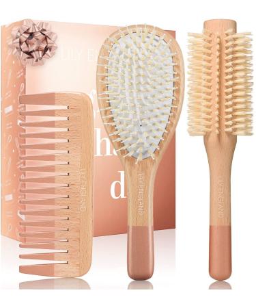 Wooden Hair Brush Set - Paddle Brush, Round Brush & Comb, Hair Brushes with Soft Bristles, Hairbrushes for Women by Lily England (Rose Gold)
