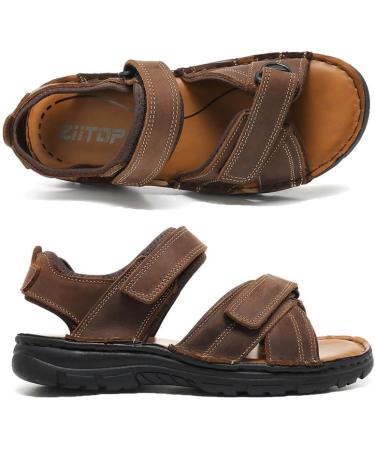 Ziitop Men's Leather Sandals - Slip-Resistant Outdoor Beach & Trekking Shoes - Adjustable Velcro - Size 46 EU - Dark Brown - Buy Online on GoSupps.com