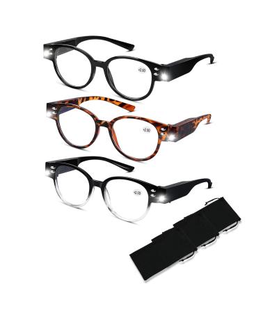 3 Pack Lighted Reading Glasses Bright LED Readers with Lights Reading Glasses with Light and Magnifying Blue Light Blocking Glasses for Men Women Eyeglasses Lighted Magnifier Nighttime Reader+2.0