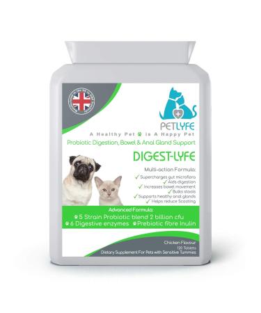 Petlyfe Probiotics Prebiotics Digestive Enzymes Fibre Inulin x120 Supplements Digestion Bowel & Anal Gland Support | No Scoot Dogs & Cats | 2 Billion CFU's Per Tablet | Aids Diarrhoea Constipation
