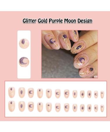 Short Oval Press on Nails - Nude Pink & Glitter Gold Purple Moon Design | 24 Pcs Acrylic Fake Nails for Women & Girls - Perfect for Weddings - Buy Online on GoSupps.com