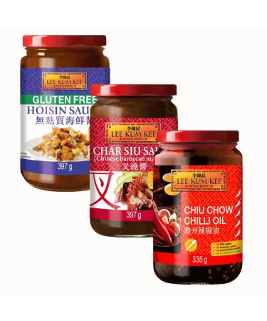Lee Kum Kee Chinese Essential Marinade & Dipping Sauce Kit - Char Siu Sauce & Gluten Free Hoisin Sauce & Chiu Chow Chilli Oil (Set of 3) 3 Assorted Sauces