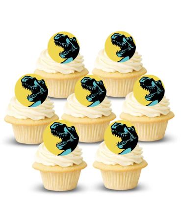24x Pre-cut 4cm Blue T-Rex Dinosaur Yellow Circles Edible Thick Standing Cupcake Toppers Birthday Party Cake Decorations