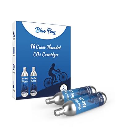 BLUE FLAG 16g Threaded CO2 Cartridges for All CO2 Bike Tire Inflators with Threaded Connection Or CO2 Pump- Quick Air Refill for Tires on MTB or Road Bikes, 5 Pack
