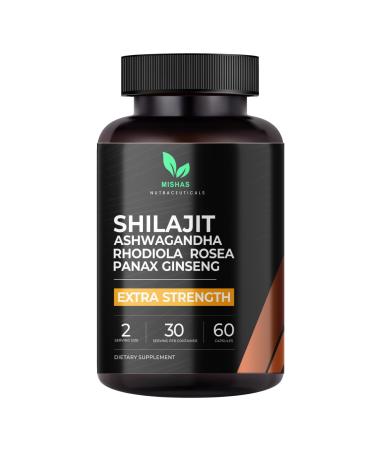Mishas Nutraceuticals Shilajit for Men Women, Ashwagandha, Rhodiola Rosea, Panax Ginseng, Shilajits, 60 Capsules Vegan