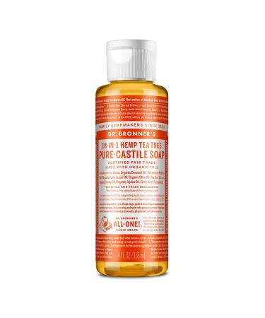 Dr. Bronner s - Pure-Castile Liquid Soap (Tea Tree  4 Ounce) - Made with Organic Oils  18-in-1 Uses: Acne-Prone Skin  Dandruff  Laundry  Pets and Dishes  Concentrated  Vegan  Non-GMO Tea Tree 4 Fl Oz (Pack of 1)