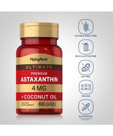 Piping Rock Astaxanthin 4mg | 60 Softgels | Non-GMO Gluten-Free Algae Extract with Coconut Oil | Best International Shipping - Buy Online on GoSupps.com