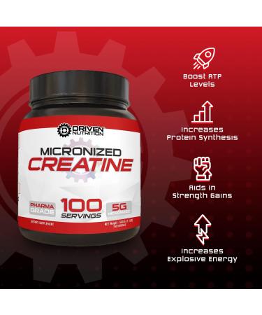 Driven Nutrition Creatine 200g - Unflavored Micronized Powder for Enhanced Strength Endurance & Cognitive Performance - 5g Serving to Reduce Fatigue - International Shipping Available - Buy Online on GoSupps.com