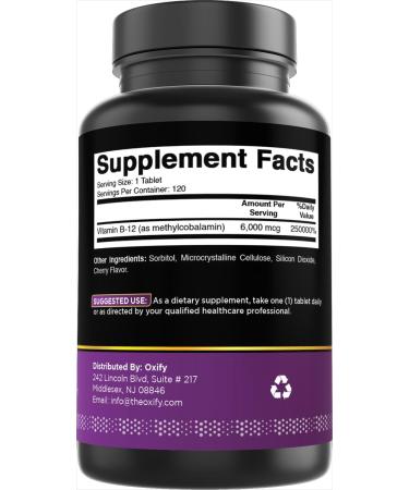 Oxify Vitamin B-12 (Methylcobalamin) 6000 mcg | 120 Tablets | Gluten-Free Non-GMO | Supplement Made in USA - Buy Online on GoSupps.com