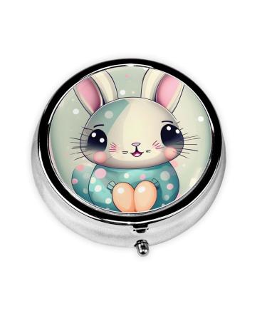 Pink Cartoon Bunnyround Pill Box 3 Compartment Round Pill Box Organizer &Portable Travel Pill Box for Traveling.