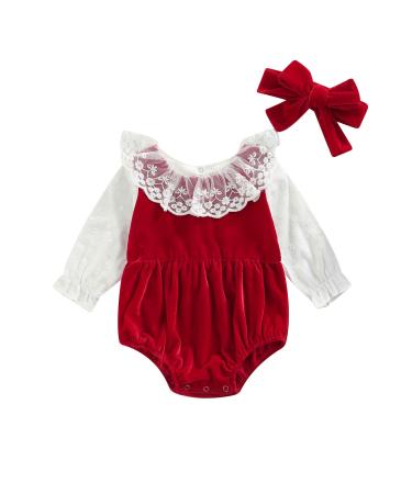 MAHUAOYIXI 2PCs Newborn Baby Christmas Romper Infant Christmas Outfit Round Collar Long Sleeve Knitted Pullover Lace Jumpsuit Bodysuit Headdress Crawling Pants Xmas Clothes Costumes 0-6 Months Wine Red