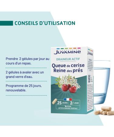 JUVAMINE - Active Drainer - Cherry Tail and Meadowsweet - Promotes Kidney Elimination of Water - 50 capsules of plant origin - Buy Online on GoSupps.com