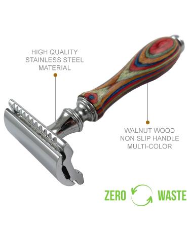 Long Wood Handle Safety Razor - Double Edge Manual Razor for Men & Women | 6 Piece Set with 5 Blades - 4.2 Inch Multi-Color Design | International Shipping Available - Buy Online on GoSupps.com