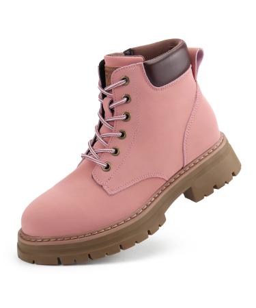 JABASIC Women Leather Ankle Combat Boots Low Heel Lace Up Outdoor Trekking Hiking Work Boots (10,Pink)