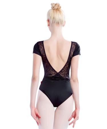 Daydance Spandex Girls Women Dance Leotards Short Sleeve Lace Back Ballet Bodysuit X-Small Black