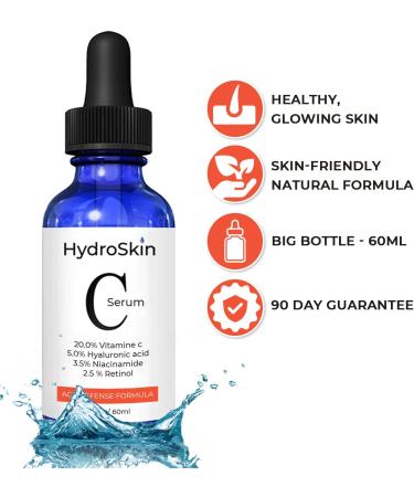 HydroSkin Vitamins C Serum - 2.5% Active Retinol Serum Combined with Hyaluronic Acid (5%) & Niacinamide (3.5%) - Anti Ageing - 60 ml - Buy Online on GoSupps.com