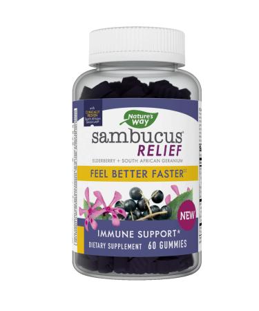 Nature's Way Sambucus Relief Gummies with Elderberry, Vitamin C, Zinc and South African Geranium, Immune Support*, 60 Gummies Adult Gummies 60 Count (Pack of 1)