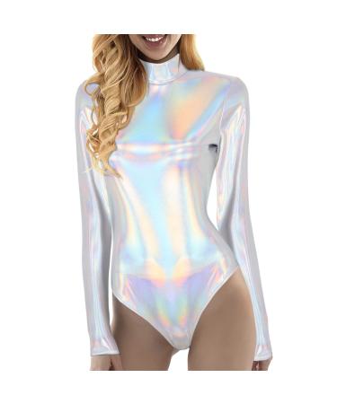 Genetic women metallic liquid glossy long arm gymnasium ballet dance leotard body synthetic leather stage dance clothes costume long arm body women women jumpsuit tight xs silver-b m