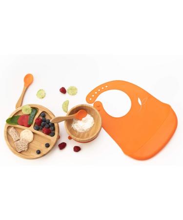 Love Earth Bamboo Baby Weaning Set - 5 Piece Including Suction Plate, Bowl, Spoons, Silicone Bib - Eco-Friendly Set for Babies 3 Months to 6 Years (Orange) - Buy Online on GoSupps.com