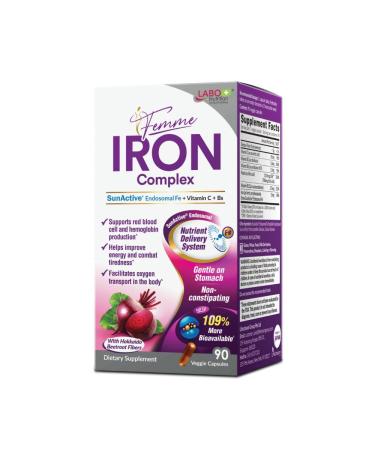 LABO Nutrition Femme Iron Endosomal SunActive, Non-Irritating 15mg Iron Supplement for Blood Builder, Vegan, Gentle, No Metallic Aftertaste, Non Constipating, Ideal for Sensitive Stomachs, 90 Count