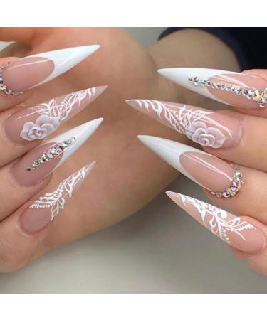Kamize Long Fake Nails Stiletto Press on Nails with Flower Design Rhinestones Fake Nails Full Cover Acrylic Bling False Nails for Women and Girls French Flower