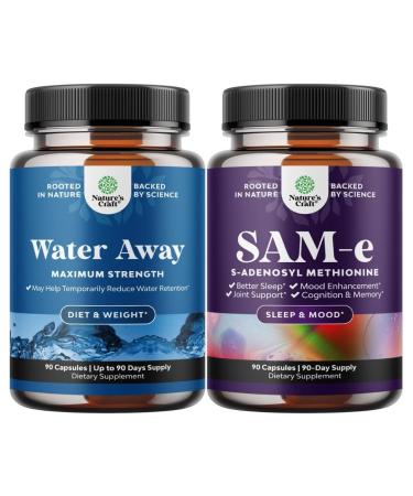 Bundle of Water Away Herbal Diuretic Pills High Strength with Dandelion Leaf Extract & Green Tea for Bloating Relief and Pure SAM E Supplement 150mg Per Serving - S-adenosylmethionine for Mood Balance