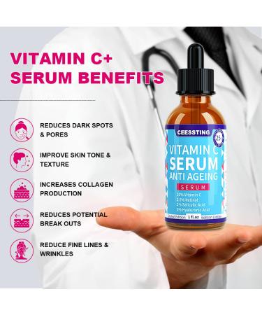Ceessting Vitamin C Serum for Face - Anti-Aging Serum with Hyaluronic Acid & Vitamin E - 1 oz - Buy Online on GoSupps.com
