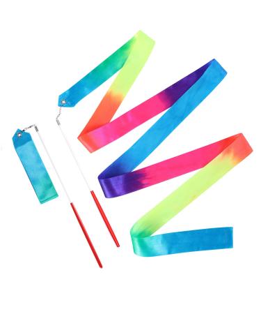 KINBOM 2pcs Dance Ribbons, 2m Kids Long Gymnastics Ribbon Twirling Ribbons Dancing Ribbon Streamers for Artistic Dance Training Party, with Ribbon Dancer Wand (Rainbow)