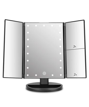 deweisn Trifold Lighted Vanity Mirror with 21 LED Lights, Touch Screen and 3X/2X/1X Magnification, Two Power Supply Mode Make up Mirror,Travel Mirror Black