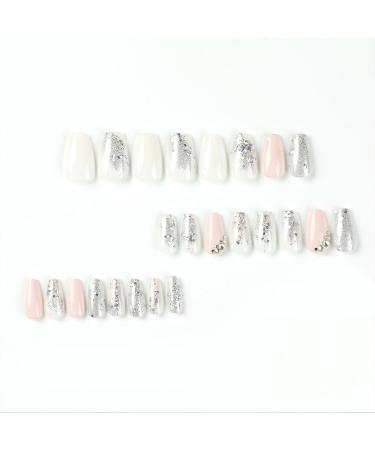 Buy Silver Glitter Press on Nails - Medium Square Fake Nails with Rhinestones | Glossy Pink & White Artificial Nails for Women & Girls | Reusable DIY Manicure - Buy Online on GoSupps.com