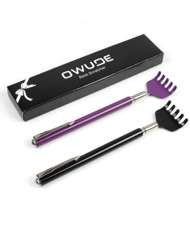 Portable Extendable Back Scratcher, RUTAI Telescoping Scratcher Tetractable Claw Metal Hand Massager Tool with Pocket Clip Pack of 2 (Black + Purple) Style 1