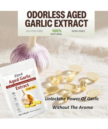 Elare Aged Garlic Extract - 7500mg Odorless Organic Garlic Extract Capsules | Heart & Immune Antioxidant Supplements Vegetarian All-Natural Non-GMO 300 Softgels - Buy Online on GoSupps.com