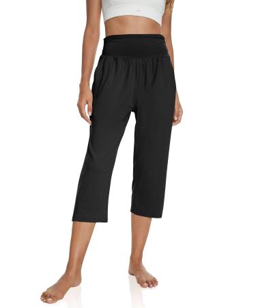 UEU Women's High Waist Capri Pants Casual Loose Fitting Yoga Pants Comfy Lounge Workout Capris Sweatpants with Pockets Capris, Black Large
