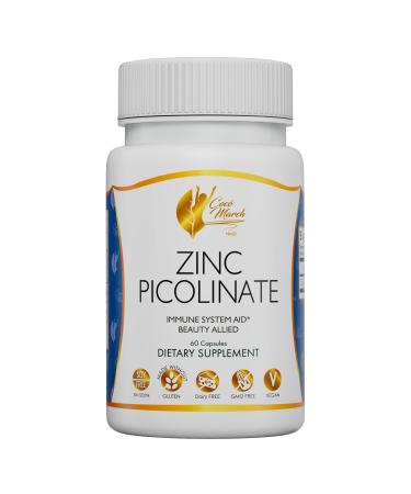 Coco March Zinc Picolinate - Immune System Aid Beauty Ally Bio-Available Form for High Absorption - Gluten Free Soy Free Dairy Free GMO Free Vegan - 60 Servings