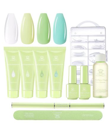 Makartt Green Poly Nail Gel Kit 15ML Gel Nail Builder Kit with Slip Solution Clear Nails Acrylic Gel Nail Kit for Nail Building Nail Extension Kit Dual Forms Base Top Coat All-in-One Gel Nail Starter Kit