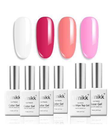 Umikk Gel Nail Polish Set White Watermelon Red Coral Pink 7.5 ml with Base Coat Top Coat 10 ml Soak Off UV LED Cured Home Manicure Gel Polish Young Girls