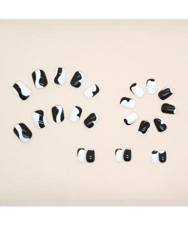 24pcs Short False Nails Black White Stick on Press on Removable Glue-on Fake Nails Nail Art Accessories - Buy Online on GoSupps.com