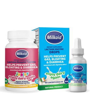 Milkaid Junior Lactase Enzyme Chewable Tablets & Milkaid Lactase Drops for Lactose Intolerance Relief | Prevents Gas, Bloating, Diarrhea in Children | Fast Acting Dairy Digestive Supplement |