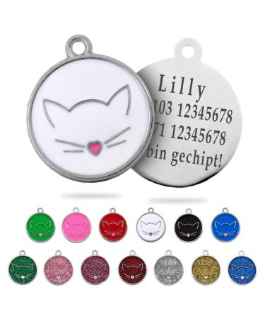 Ibera Gifts - Personalized cat brand for medium to large cats in round shape with cat with engraving name collar brand address trailer cat necklace (white)