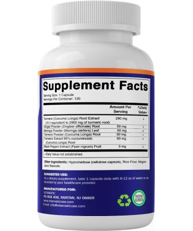Vitamatic Turmeric Curcumin Supplement (10:1 Equivalent 3000 Per Serving, Made with 95% Curcuminoids, Black Pepper, Ginger, Moringa) 120 Vegetable Capsules, Non-GMO, Gluten Free - 2 Pack - Buy Online on GoSupps.com